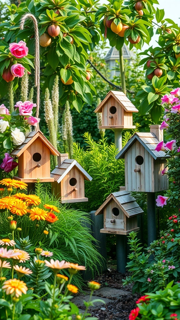 A collection of decorative wooden birdhouses surrounded by colorful flowers and lush greenery in a cottage garden.