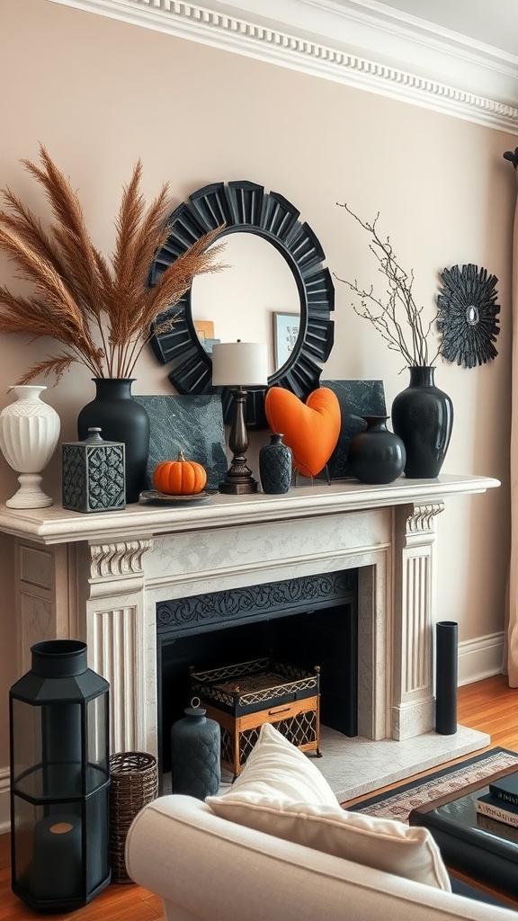 A decorative mantelpiece featuring black vases, an orange heart, and rustic elements.