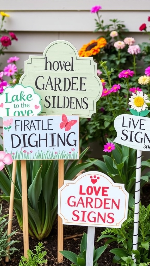 A collection of colorful garden signs in a flower garden.