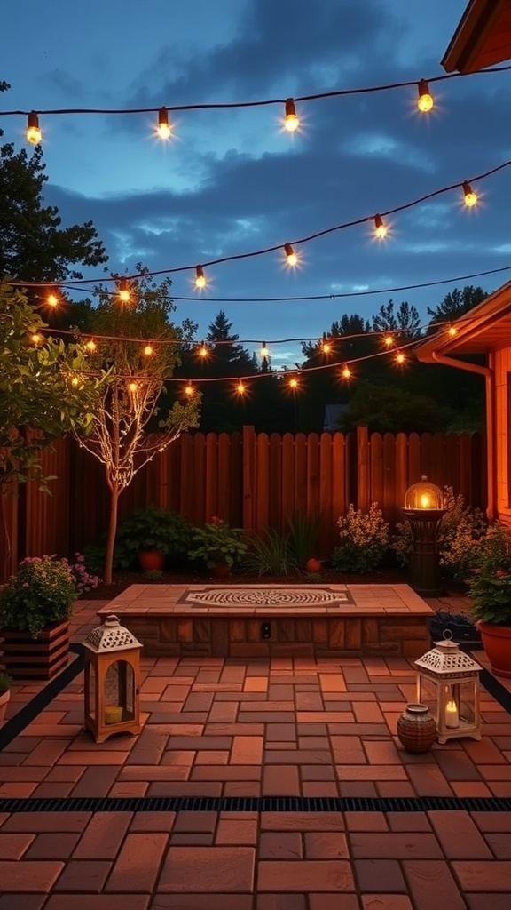 A cozy 12x12 paver patio at night with string lights and lanterns creating a warm ambiance.