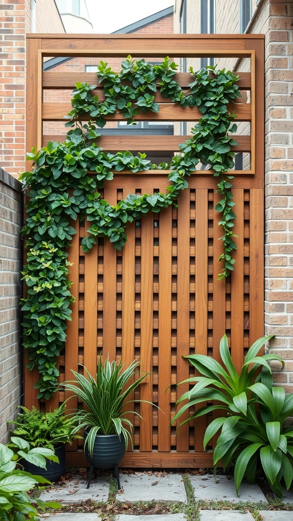 Wooden privacy screen with greenery in a townhouse backyard.