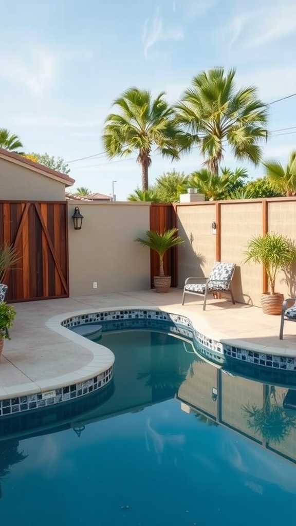 A small pool deck featuring decorative privacy screens, palm trees, and comfortable seating.