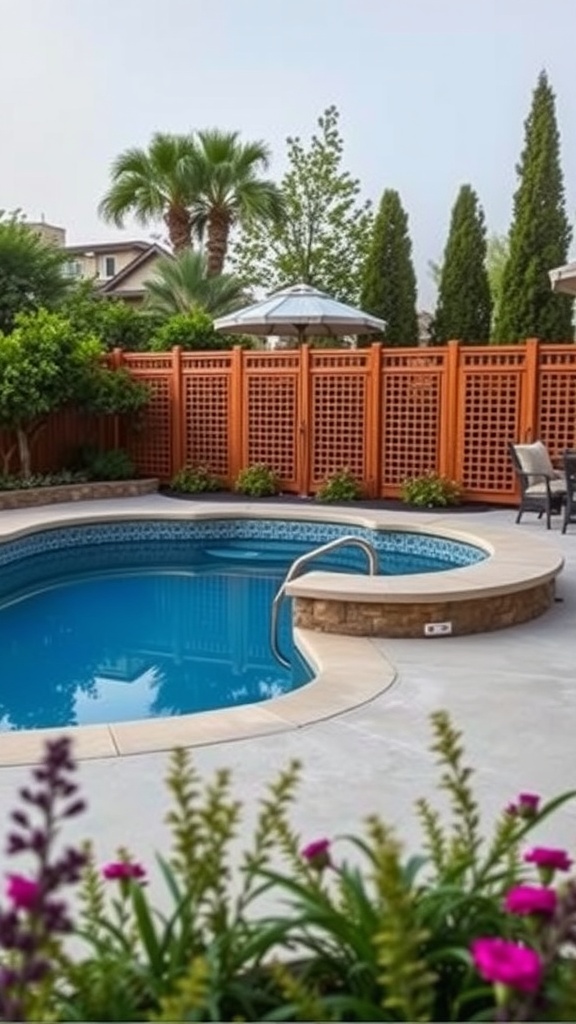 A serene above-ground pool area surrounded by decorative wooden privacy screens, lush plants, and flowers.