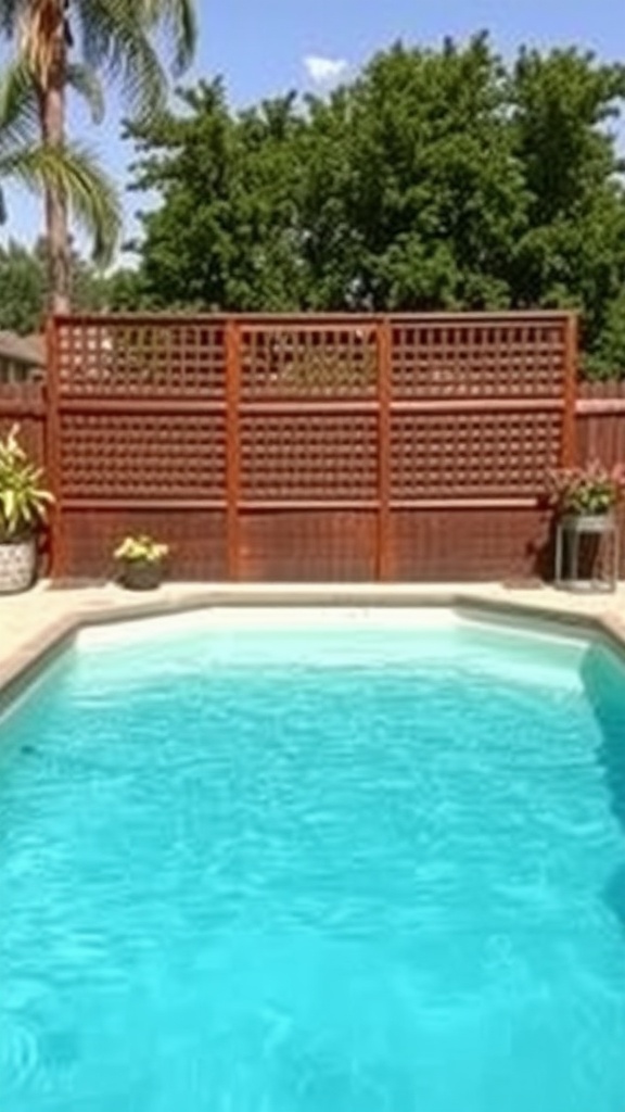 A wooden lattice privacy screen behind an above-ground pool, surrounded by greenery and plants.