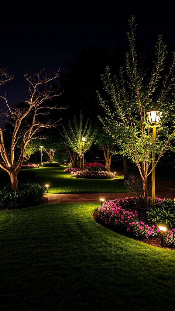 Decorative spotlights illuminating a landscaped garden with trees and flowers at night.