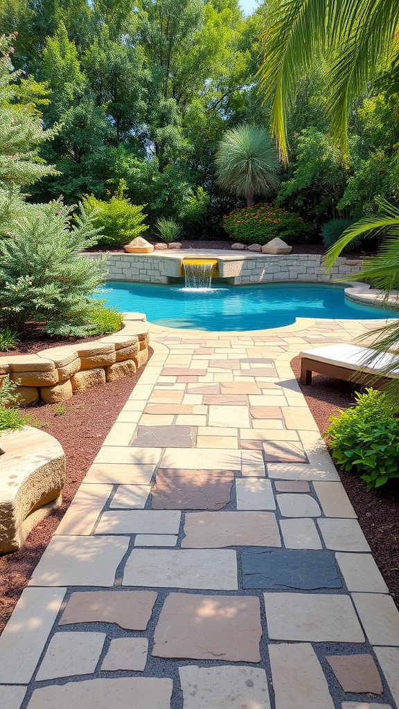 A decorative stone pathway leading to a pool, surrounded by lush greenery and a tranquil water feature.