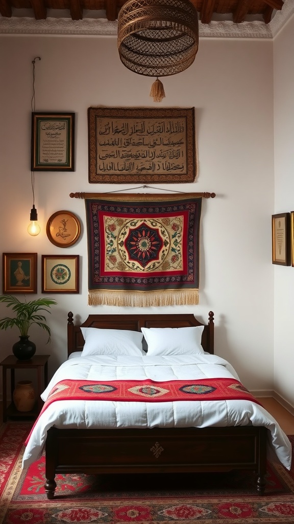 A Moroccan-style bedroom featuring decorative wall art, including tapestries and framed calligraphy.