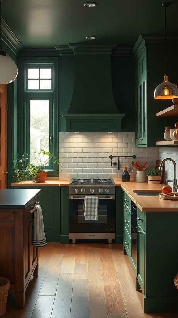 Cozy kitchen with deep forest green cabinets and wooden countertops, featuring natural light and plants.