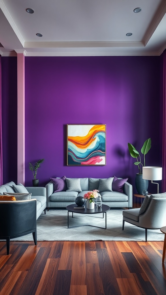 Living room with deep purple walls, modern furniture, and colorful artwork