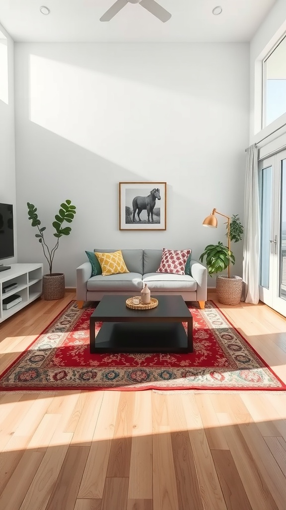 A small living room featuring a red area rug with intricate patterns, a gray sofa, colorful pillows, a coffee table, and plants.