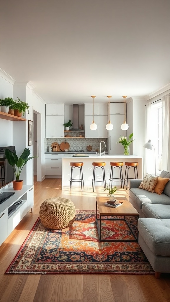 A small open-concept kitchen and living room featuring a patterned area rug, inviting furniture, and modern decor.