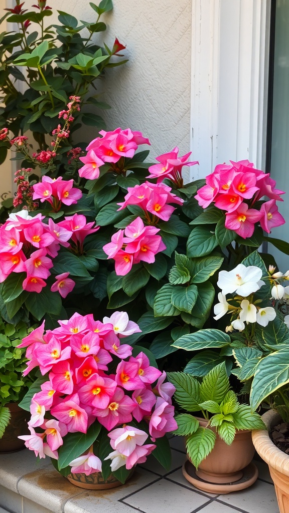 A cluster of pink and white begonias in pots on a patio.