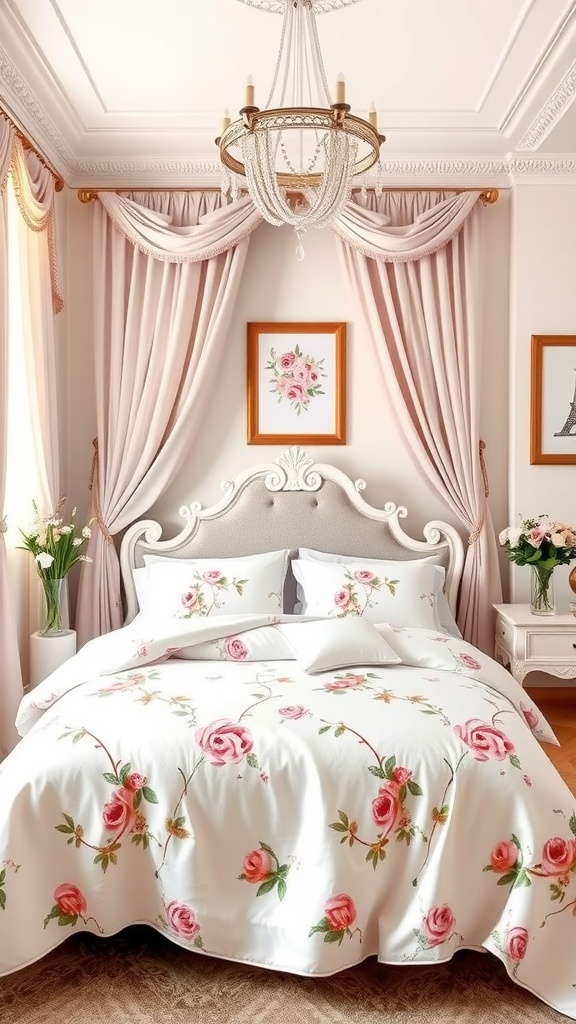 A beautifully decorated princess bedroom featuring floral accents on the bedding and soft drapes.