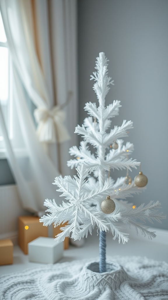 A mini white Christmas tree decorated with delicate snowflake ornaments and golden baubles.