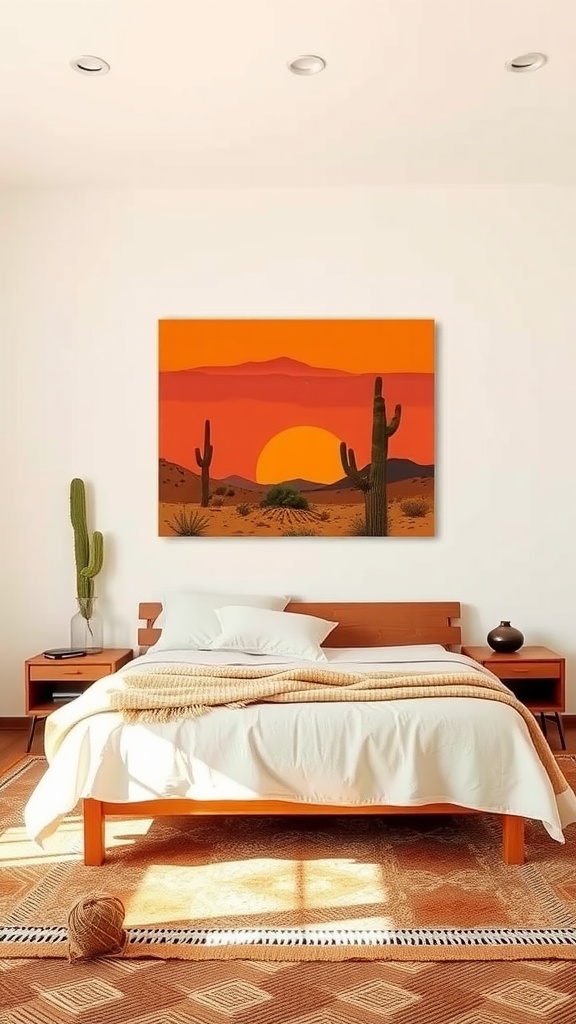 A bright and airy southwestern bedroom featuring a desert sunset mural, wooden bed, and earthy decor.