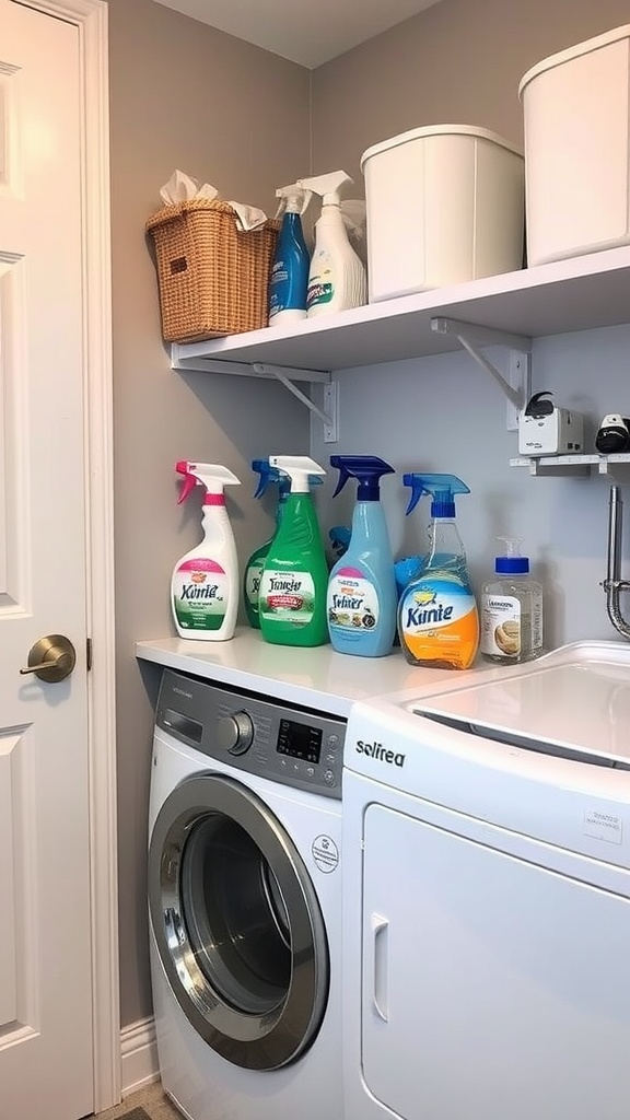 A well-organized laundry room with cleaning supplies on shelves and a washer and dryer.