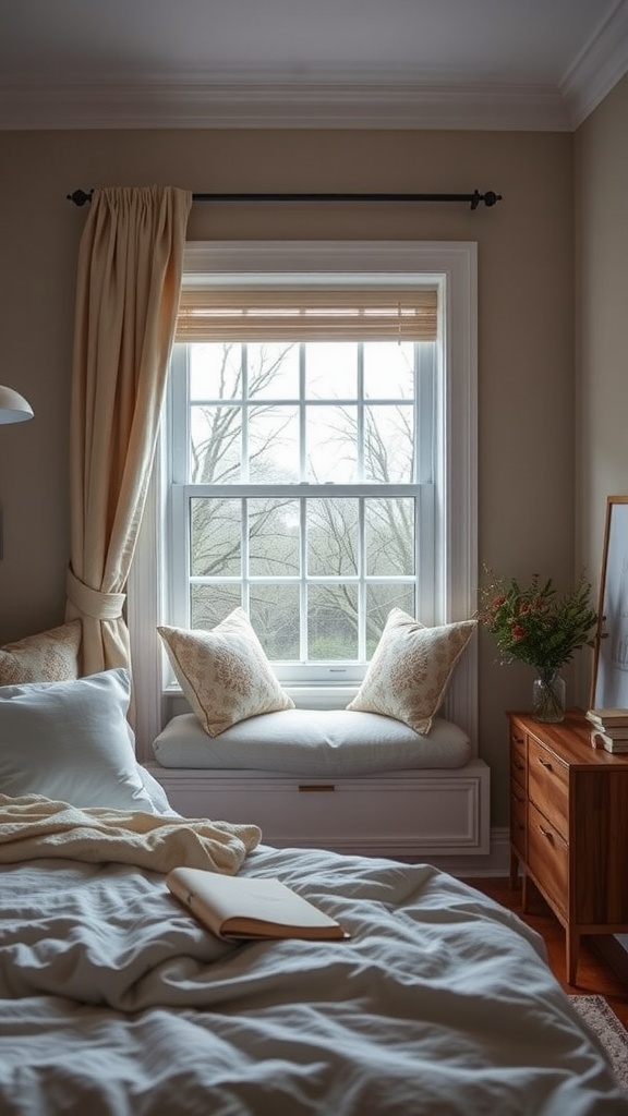 A cozy bedroom with a window seat, featuring inviting cushions and a soft color palette.