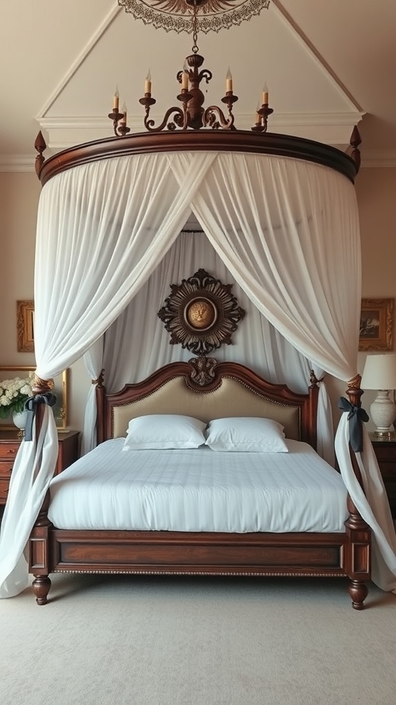 A beautifully designed canopy bed with drapes and a wooden frame in a master bedroom.