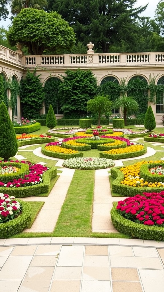 A beautifully arranged formal parterre garden with colorful flower beds and neatly trimmed hedges.