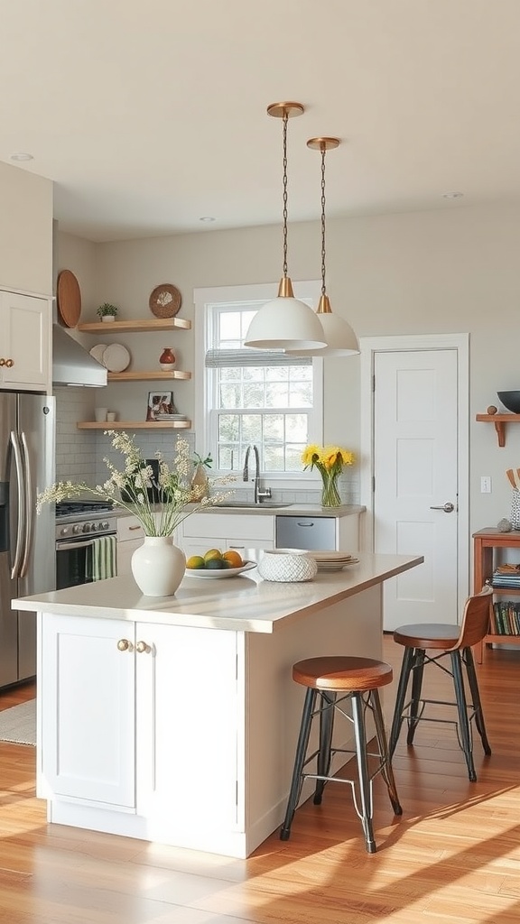 A bright and airy small open-concept kitchen with a functional kitchen island, featuring bar stools, pendant lighting, and decorative elements.