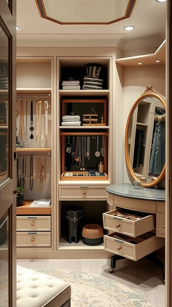 An organized jewelry station in a closet with hanging necklaces, drawers, and a mirror.