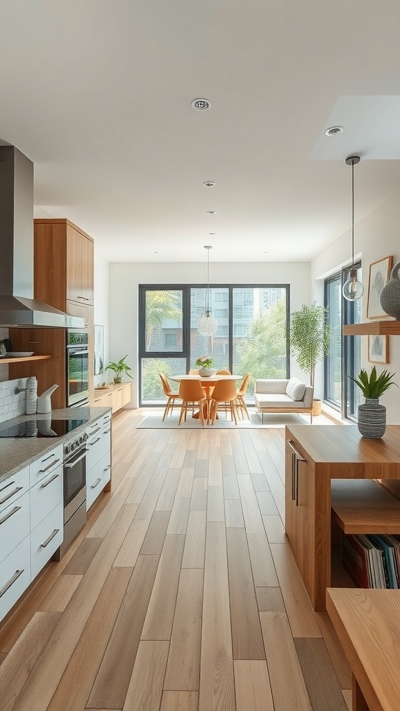 A bright open concept kitchen with wooden flooring, modern appliances, and a dining area with a round table and chairs.