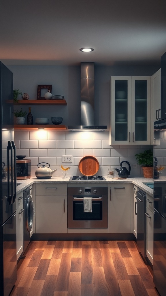 A cozy kitchen illuminated with soft lighting, showcasing adjustable dimmers and modern design elements.