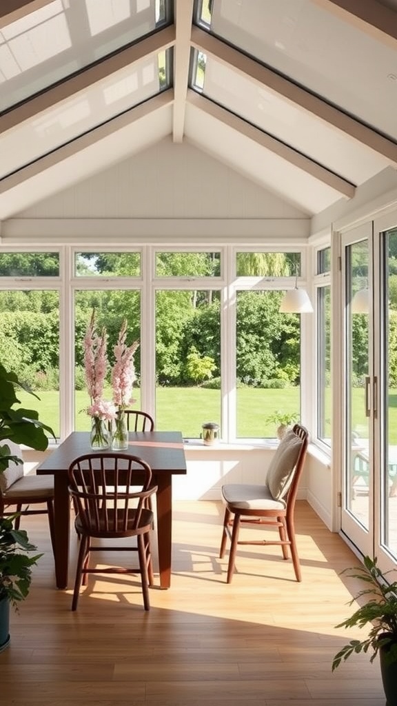 Sunroom dining area featuring a wooden table and chairs, large windows overlooking a greenery