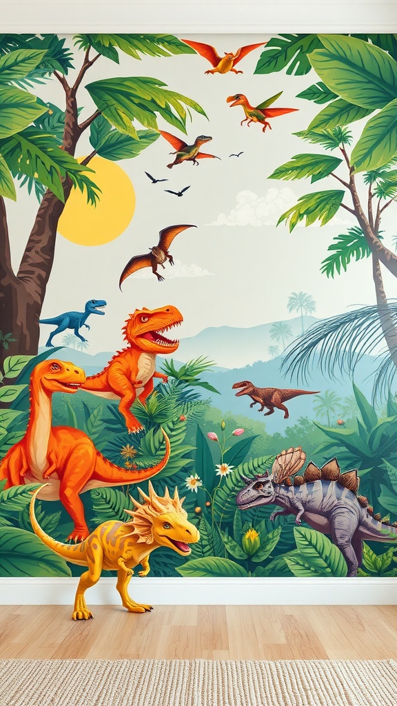 A colorful dinosaur-themed wall mural featuring various dinosaurs in a lush jungle setting