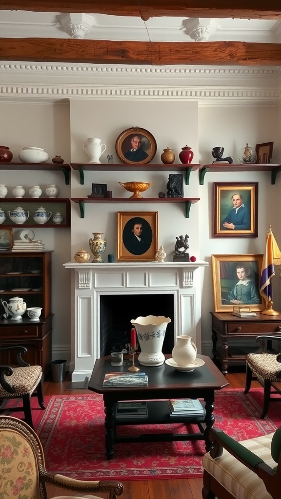 Interior of a colonial living room with historical artifacts and elegant furniture.