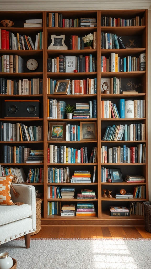 A cozy college living room featuring a bookshelf filled with books and collectibles, a comfortable chair, and warm lighting.