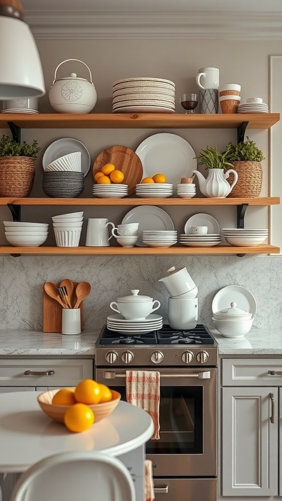 A stylish open shelving kitchen displaying unique dishware, including white plates, woven baskets, and decorative items, with a bowl of oranges on the table.