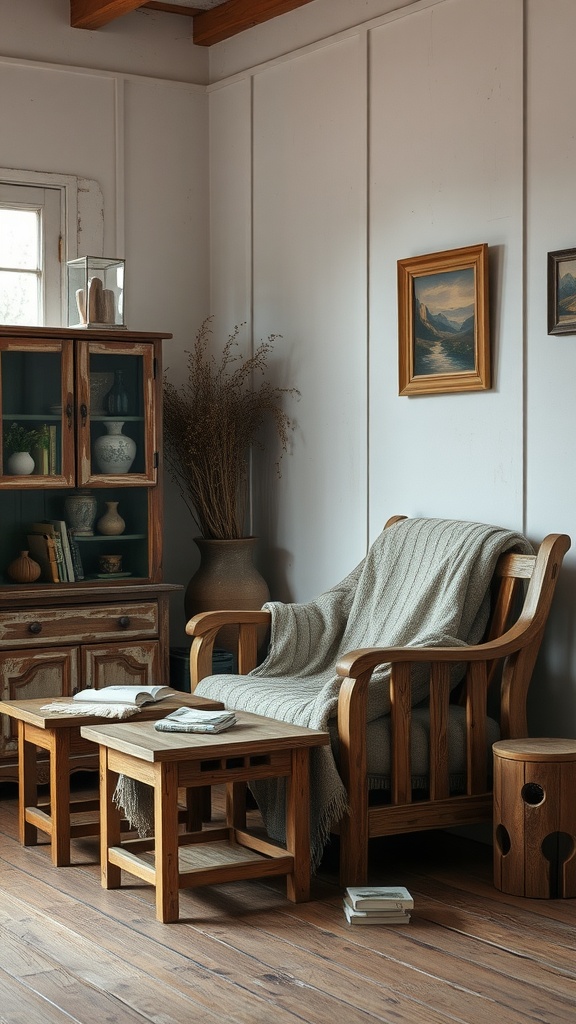 A vintage grunge room featuring distressed furniture, including a wooden armchair, small tables, and a cabinet.