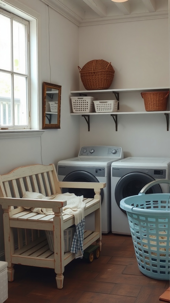 Rustic laundry room with distressed furniture and storage baskets