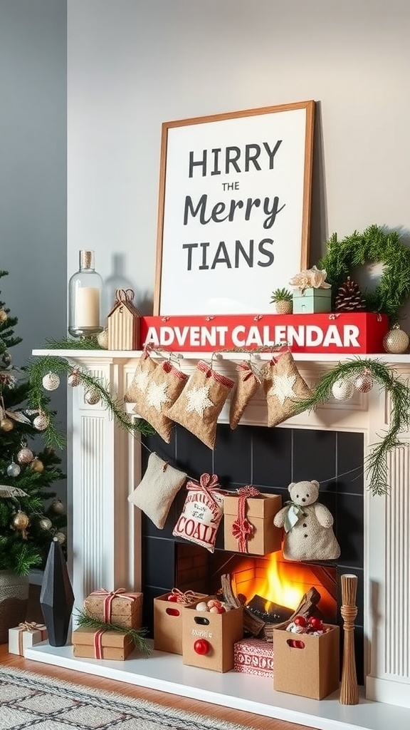 A festive mantel display featuring a DIY Advent Calendar with burlap bags, gifts, and a cozy fire.