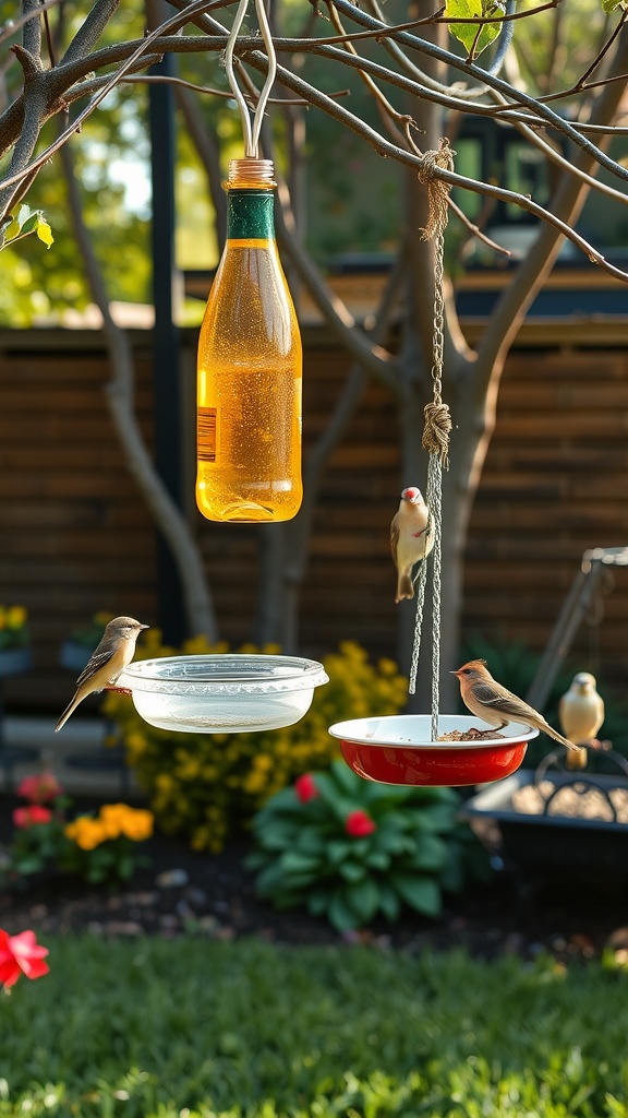 Two DIY bird feeders made from a bottle and bowls, hanging from a tree branch with birds gathered around them.