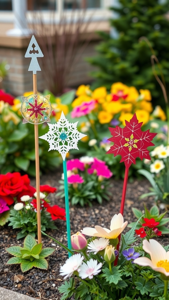 Colorful DIY Christmas garden stakes in a flower bed, featuring a Christmas tree and snowflake designs.