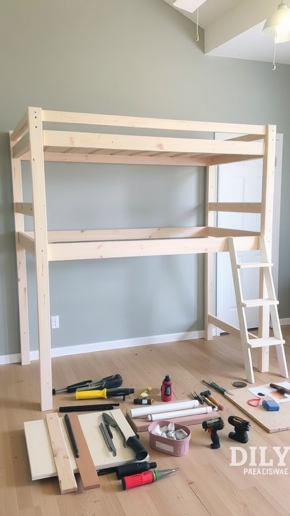 A DIY coastal bunk bed frame made of natural wood, with tools and materials arranged on the floor for assembly.