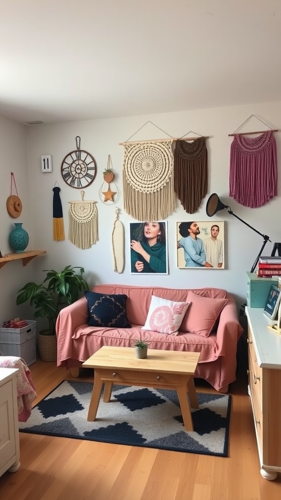 A cozy dorm living room with a pink couch, wall macramé decor, and a wooden coffee table.