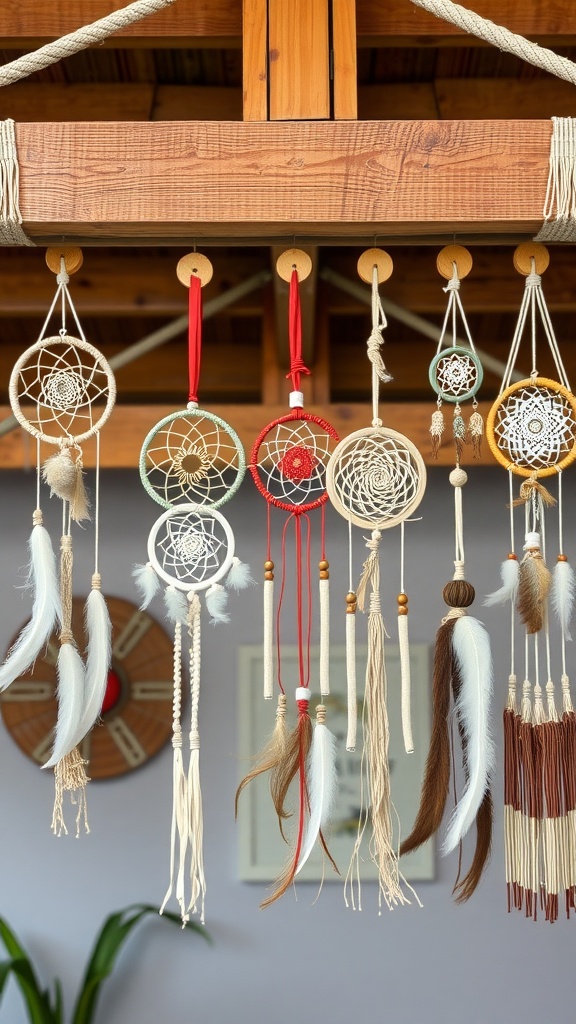 A collection of colorful and intricate dreamcatchers hanging from a wooden beam.