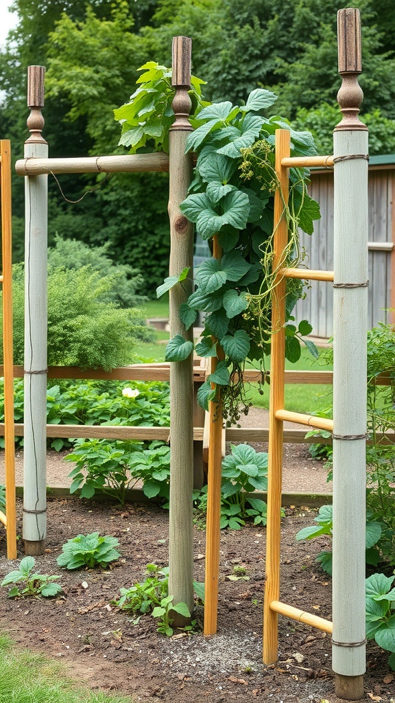 A garden trellis with climbing plants, showcasing wood poles and lush greenery.