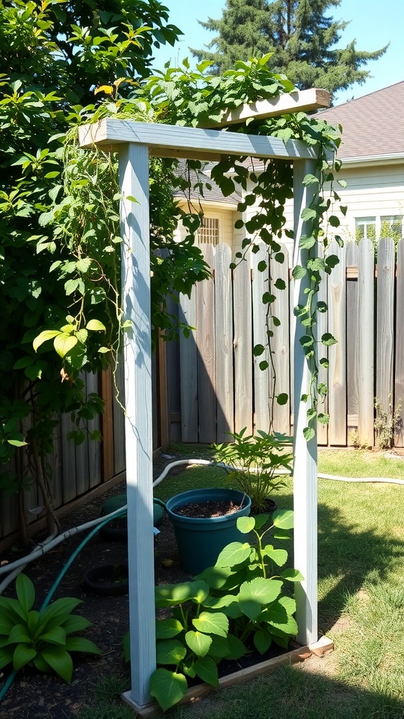 A DIY garden trellis with climbing plants in a backyard.