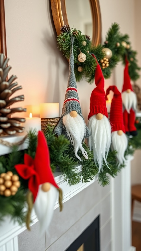 A decorated mantel with gnome ornaments, greenery, and candles