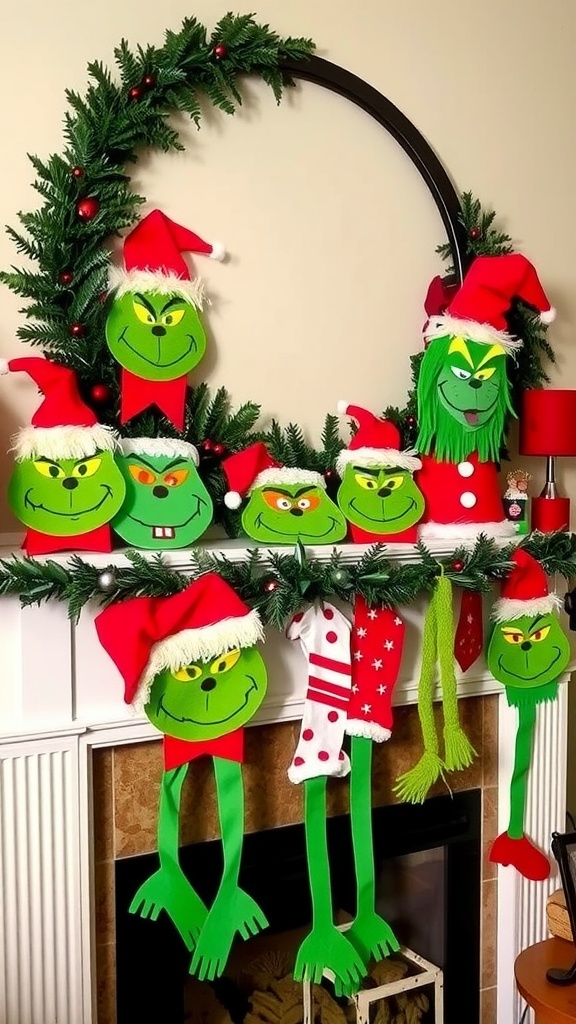 A colorful Grinch-themed mantel decorated with green Grinch faces in Santa hats, red and white stockings, and festive garland.