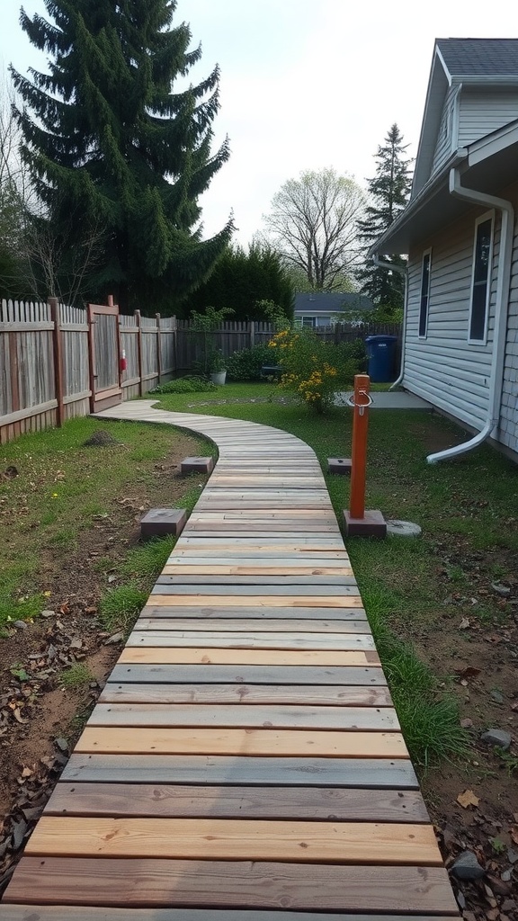 A curved wood walkway made from pallets, leading through a garden with trees and flowers.