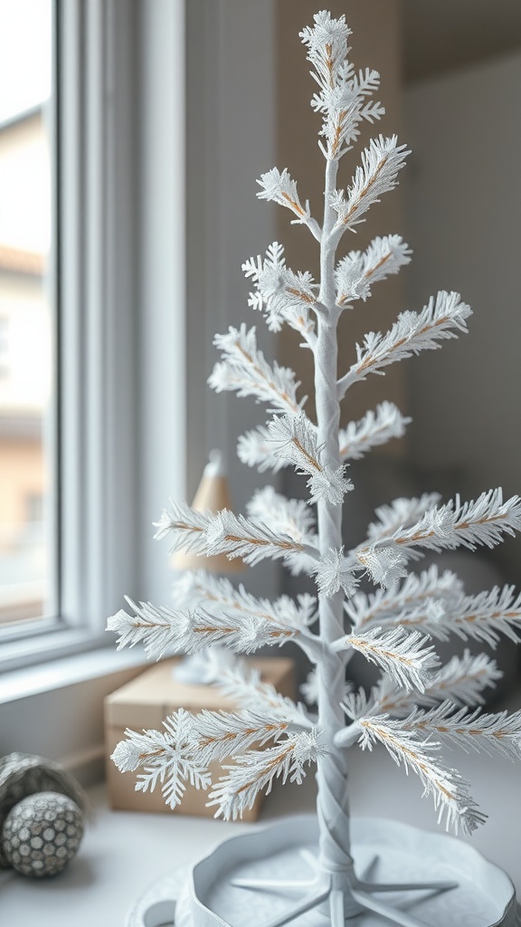 A stylish indoor setting with a mini white Christmas tree decorated with DIY paper snowflakes.