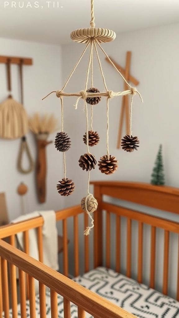 A DIY pinecone mobile hanging above a crib in a woodland-themed nursery.