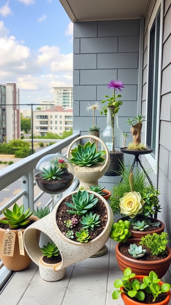 A balcony adorned with various DIY planters filled with succulents and decorative plants.