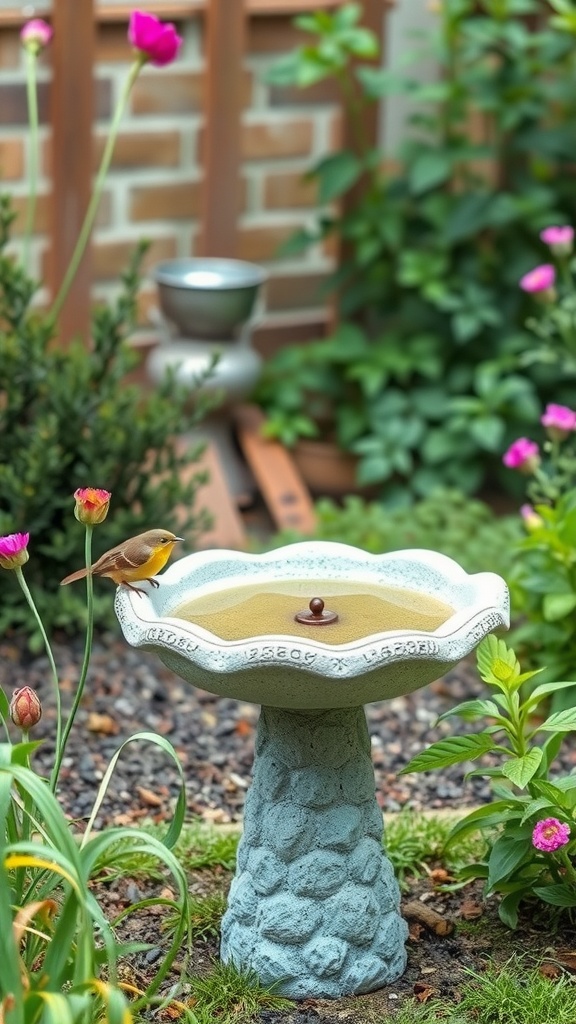 A stone bird bath surrounded by colorful flowers in a garden.