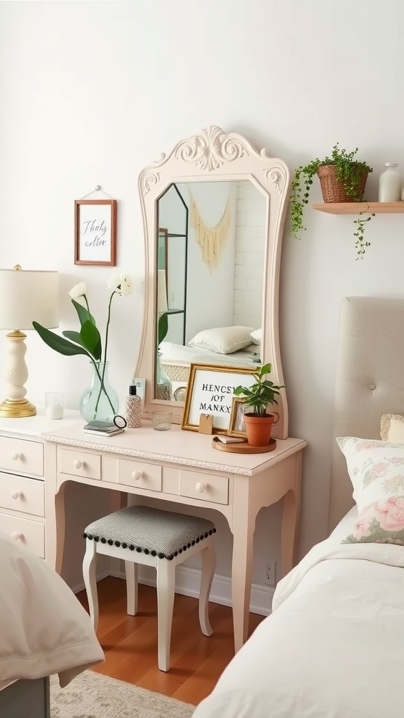 A small bedroom vanity featuring a pink desk, large mirror, and decorative elements like plants and framed art.